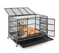 GYMAX 38''/48” Heavy-Duty Dog Crate, Foldable Dog Kennel Crate Lockable Wheels & Doors, Removable Tray, Indoor Outdoor Chew-Proof Pet Crate for Large Dogs (120 x 76 x 90cm)