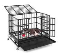 GYMAX 38''/48” Heavy-Duty Dog Crate, Foldable Dog Kennel Crate Lockable Wheels & Doors, Removable Tray, Indoor Outdoor Chew-Proof Pet Crate for Large Dogs (96 x 65 x 77cm)