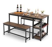 Gymax 3PCS Dining Set Dining Table 2 Benches Set With Storage Shelf & Wine Rack in Brown Gymax Brown