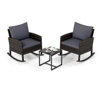 Gymax 3Pieces Rattan Rocking Bistro Set For Backyard With Glass Coffee Table in Grey Gymax Grey