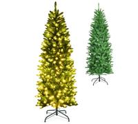 GYMAX 4.5FT/5FT/6FT/6.5FT/7.5FT Pre-Lit Green Christmas Tree, Premium Hinged Artificial Pencil Tree with Warm White LED Lights, Xmas Traditional Decoration for Home, Office, School and Shop(6FT)