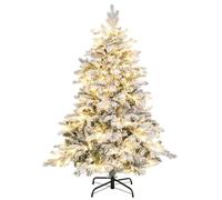 GYMAX 4.5FT/6FT Pre-lit Artificial Christmas Tree, Hinged Flocked Xmas Tree with 757/1415 Branch Tips, 120/260 Warm White LED Lights, Holiday Seasonal Decoration Tree (135CM)
