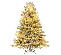 GYMAX 4.5FT/6FT Pre-lit Artificial Christmas Tree, Snow-flocked Hinged Xmas Tree with 200/350 Warm White LED Lights and 688/1022 Branch Tips, Holiday Decor Tree for Home Office Party (146cm)