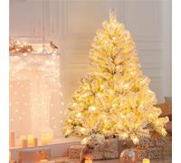 GYMAX 4.5FT/6FT Pre-Lit Christmas Tree, Hinged Artificial Snow Flocked Xmas Tree with 295/600 Branch Tips, 150/250 LED Lights and Metal Stand, Holiday Decor for Living Room, Doorway and Shop (4.5FT)