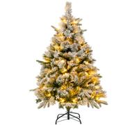 GYMAX 4.5FT/6FT Pre-Lit Christmas Tree, Snow-flocked Xmas Tree with 384/752 Branch Tips, 150/250 Warm-White LED Lights and Pine Needles, Holiday Decor Hinged Tree (136cm)