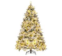 GYMAX 4.5FT/6FT Pre-Lit Christmas Tree, Snow-flocked Xmas Tree with 384/752 Branch Tips, 150/250 Warm-White LED Lights and Pine Needles, Holiday Decor Hinged Tree (186cm)