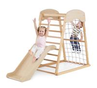 GYMAX 4 in 1 Kids Climbing Set, Wooden Toddler Climber with Adjustable Slide, Climbing Net & Monkey Bars, Children Playground for 1 Year Old + (Natural)