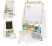 GYMAX 4-in-1 Kids Easel, Height Adjustable Children Art Easel with Stool, Whiteboard, Chalkboard, Bookshelves, Paper Roll and Art Supplies, Toddler Activity Table Set for 3+ Years Old (White+Natural)