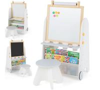 GYMAX 4-in-1 Kids Easel, Height Adjustable Children Art Easel with Stool, Whiteboard, Chalkboard, Bookshelves, Paper Roll and Art Supplies, Toddler Activity Table Set for 3+ Years Old (White+Grey)