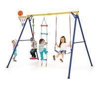 GYMAX 4 in 1 Kids Swing Set, Metal A-Frame with Belt Swing, Climbing Ladder, Disc with Rope, Basketball Hoop & Ground Stakes, Outdoor Children Playground Set for 3-9 Years Old, Max Weight 300kg