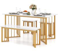 Gymax 4 PCS Dining Table Set Kitchen Table With Bench & 2 Stool Marble Grain in White Gymax White