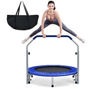 GYMAX 40" Mini Fitness Trampoline, Foldable Exercise Rebounder with 4-level Adjustable Foam Handrail, Indoor/Outdoor Gym Trampolines for Kids Adults (Blue+Black)