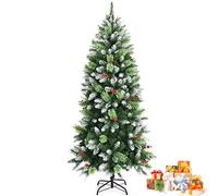 GYMAX 4FT/5FT/6FT Christmas Tree, Premium Hinged Artificial Tree with Snow Pine Needle, Red Berries & Metal Base, Xmas Traditional Decoration for Indoor and Outdoor Décor (5FT/475Tips)