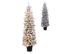 GYMAX 4FT/5FT/6FT Pre-lit Slim Christmas Tree, Artificial Snow Flocked Xmas Tree with 80/120/140 Warm White LED Lights & 8 Lighting Modes, Potted Pencil Decoration Tree for Home Party (6FT)