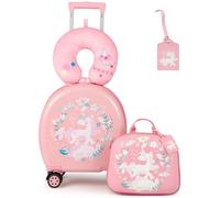 GYMAX 4Pcs Kids Luggage Set, 10” Backpack & 14” Children Hardshell Suitcase with Wheels, Neck Pillow & Name Tag, Toddler Carry On Luggage Set for Travel School (Pink)