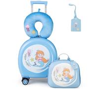 GYMAX 4Pcs Kids Luggage Set, 10” Backpack & 14” Children Hardshell Suitcase with Wheels, Neck Pillow & Name Tag, Toddler Carry On Luggage Set for Travel School (Blue+White)