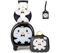 GYMAX 4Pcs Kids Luggage Set, 10” Backpack & 14” Children Hardshell Suitcase with Wheels, Neck Pillow & Name Tag, Toddler Carry On Luggage Set for Travel School (Black+White)