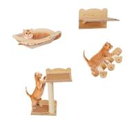 GYMAX 4PCS Wall Mounted Cat Tree, Cat Wall Shelves with Sisal Steps, Scratching Posts & Hammock, Wooden Cats Wall Furniture Set for Indoor Cats