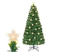 GYMAX 5 FT/6 FT Fiber Optic Artificial Christmas Tree, Pre-lit Xmas Tree with 180/230 Branch Tips, 21/30 Warm White Star Lights and 8 Lighting Modes, Holiday Decor Tree for Home Office Holiday (6FT)