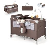 GYMAX 5 in 1 Folding Travel Cot, Portable Baby Bed Playard with Diaper Changer, Music Box, Mattress, Safety Strap, Side Zipper Entrance, Infant Bassinet Nursery Center for Newborn (Brown)