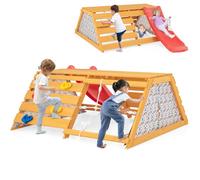 GYMAX 5 in 1 Kids Climbing Set, Toddler Climbing Frame with Slide, Removable Door Curtains, Rock Climbing Wall and Rope Wall Climber, Montessori Climbing Toy for 3-8 Years Old, Max Weight 200kg