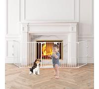 GYMAX 5 Panel Safety Gate, Fireplace Barrier Hearth Gate with Walk-Through Door, Adjustable Isolation Fence for Baby Pet (White)
