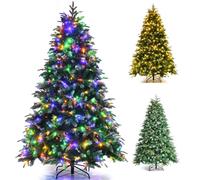 GYMAX 5FT/6FT/7FT Pre-Lit Artificial Christmas Tree, Hinged Xmas Tree with 581/899/1315 Branch Tips, 250/350/450 LED Lights, Pine Cones & Red Berries, 11 Lighting Modes, Holiday Decor Tree (7FT)