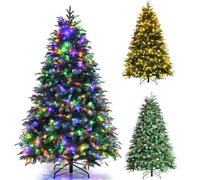 GYMAX 5FT/6FT/7FT Pre-Lit Artificial Christmas Tree, Hinged Xmas Tree with 581/899 Branch Tips, 250/350 LED Lights, Pine Cones & Red Berries, 11 Lighting Modes, Holiday Decor Tree (6FT)