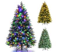 GYMAX 5FT/6FT/7FT Pre-Lit Artificial Christmas Tree, Hinged Xmas Tree with 581/899 Branch Tips, 250/350 LED Lights, Pine Cones & Red Berries, 11 Lighting Modes, Holiday Decor Tree (5FT)