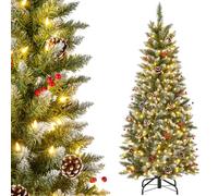 GYMAX 5FT/6FT Artificial Christmas Tree, Pre-lit Hinged Xmas Tree with Warm White LED Lights, 408/618 Branch Tips, Red Berries, Pine Cones, Festival Decor Pencil Tree for Home Party Decoration (5FT)