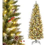 GYMAX 5FT/6FT Artificial Christmas Tree, Pre-lit Hinged Xmas Tree with Warm White LED Lights, 408/618 Branch Tips, Red Berries, Pine Cones, Festival Decor Pencil Tree for Home Party Decoration (6FT)