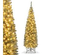 GYMAX 5FT/6FT Pre-Lit Artificial Christmas Tree, Slim Pencil Xmas Tree with 150/180 LED Lights, 320/420 Branch Tips and Metal Stand, Xmas Decor Tree for Home Office Party (5 FT)