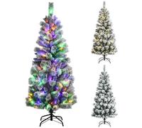 GYMAX 5FT/6FT Pre-lit Snow Flocked Christmas Tree, Hinged Artificial Xmas Tree with 140/200 Multi-Color LED Lights, Branch Tips and Metal Stand, Xmas Full Tree for Home, Office & Store (155cm)