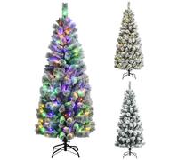 GYMAX 5FT/6FT Pre-lit Snow Flocked Christmas Tree, Hinged Artificial Xmas Tree with 140/200 Multi-Color LED Lights, Branch Tips and Metal Stand, Xmas Full Tree for Home, Office & Store (185cm)