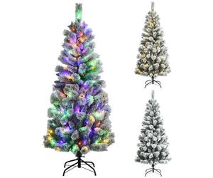 GYMAX 5FT/6FT Pre-lit Snow Flocked Christmas Tree, Hinged Artificial Xmas Tree with 140/200 Multi-Color LED Lights, Branch Tips and Metal Stand, Xmas Full Tree for Home, Office & Store (155cm)