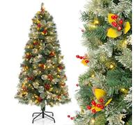 GYMAX 5FT Pre-Lit Artificial Christmas Tree, Hinged Xmas Tree with Pine Needle, 230 Warm White LED Lights, 8 Lighting Modes, Red Berries & Metal Base, Festival Decoration Tree for Home Office Party