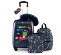 GYMAX 5Pcs Kids Luggage Set, 13" Backpack & 16" Children Hardshell Suitcase with Wheels, Neck Pillow, Insulated Lunch Bag & Name Tag, Toddler Carry On Luggage Set for Travel School (Dark Blue)