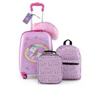GYMAX 5Pcs Kids Luggage Set, 13" Backpack & 16" Children Hardshell Suitcase with Wheels, Neck Pillow, Insulated Lunch Bag & Name Tag, Toddler Carry On Luggage Set for Travel School (Pink)