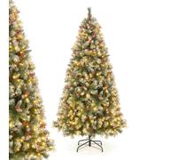 GYMAX 6.5FT Pre-lit Christmas Tree, Artificial Hinged Xmas Tree with 909 Branch Tips, 420 LED Lights, 8 Light Modes, Pine Cones & Red Berries, Holiday Seasonal Decoration Tree
