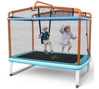GYMAX 6 FT Kids Trampoline, 3-in-1 Rectangle Trampoline with Enclosure Net, Swing, Horizontal Bar and Spring Cover, Indoor Outdoor Combo Bounce Trampoline for Boys & Girls (Blue + Orange)