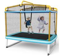 GYMAX 6 FT Kids Trampoline, 3-in-1 Rectangle Trampoline with Enclosure Net, Swing, Horizontal Bar and Spring Cover, Indoor Outdoor Combo Bounce Trampoline for Boys & Girls (Blue + Yellow)