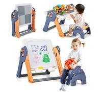 GYMAX 6 in 1 Kids Art Easel, Foldable Toddler Activity Table and Chair Set with Reversible Tabletop, Storage Space, 6 Markers & 102 Pcs Building Blocks, Children Sand/Water Table for 3-8 Years Old