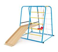 GYMAX 6 in 1 Kids Climbing Set, Heavy Duty Metal Toddler Climber with Slide, Swing, Monkey Bars, Climbing Ladder and Rope Wall, Indoor Playground for 3+ Years Old Boys Girls