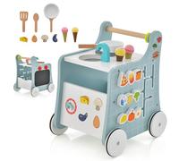 GYMAX 6-in-1 Wooden Baby Walker, Toddler Push Along Walker with Teaching Clock, Shape Matching and 4 Wheels Learning Educational Toy Pretend Play Kitchen for Babies Aged 1+ (Blue)