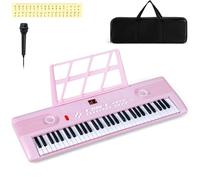 GYMAX 61 Key Keyboard Piano, Portable Digital Keyboard with Music Stand, Microphone & Carry Bag, Compact Electronic Keyboard Musical Instrument for Beginner Kids Adults (Pink)