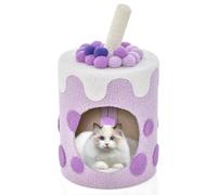 GYMAX 67cm Cat Tree, Boba Cute Cats Condo with Scratching Post, Dangling Ball and Soft Cushion, Luxury Cozy Cat House Modern Cat Furniture for Indoor Kitty (Purple+White)