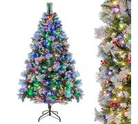 GYMAX 6FT/7FT Pre-Lit Christmas Tree, Hinged Artificial Xmas Tree with 747/1116 Branch Tips, 350/400 LED Lights, Pine Needles, Pine Cones & Red Berries, Holiday Decor Tree, 11 Lighting Modes (6 FT)