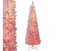 GYMAX 6FT Pre-lit Artificial Christmas Tree, Hinged Pink Snow-flocked Xmas Tree with 392 Branch Tips, 140 Warm White LED Lights, 8 Modes, Pencil Seasonal Decoration Tree