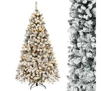 GYMAX 6FT Pre-Lit Christmas Tree, Hinged Artificial Snow Flocked Xmas Tree with 600 Branch Tips, 250 LED Lights and Metal Stand, Holiday Decor for Living Room, Doorway and Shop