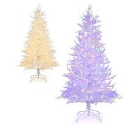 GYMAX 6FT Pre-lit Christmas Tree, Hinged Artificial Xmas Tree with 383 Snow Flocked Branch Tips, 300 Warm White & LED Lights, 11 Dynamic Modes & Timer, Holiday Decoration Tree for Home Party